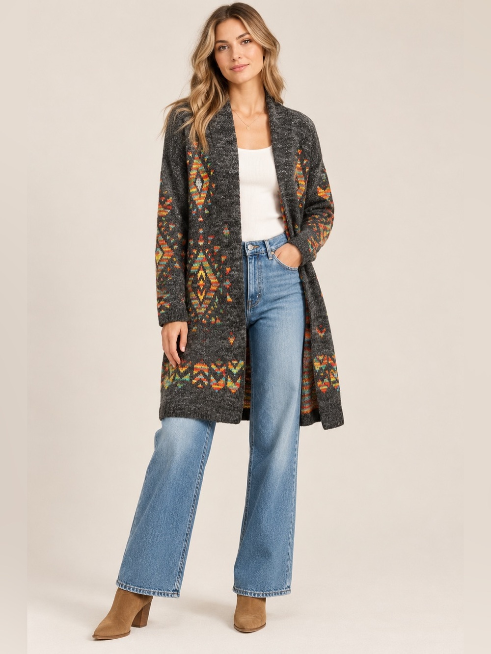 Dreamers by Debut Boho Aztec Open Front Cardigan Grey Multicolor Size Medium